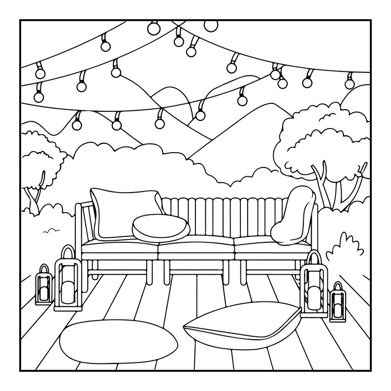 May include: A black and white line art illustration of an outdoor patio scene featuring a wooden bench with cushions, two floor lanterns on each side, and a string of hanging globe lights above. The background shows trees and rolling hills.