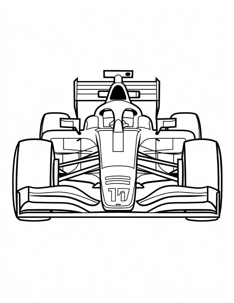 Symmetrical black and white line drawing of a formula race car viewed directly from the front with the number 17 on the nose.