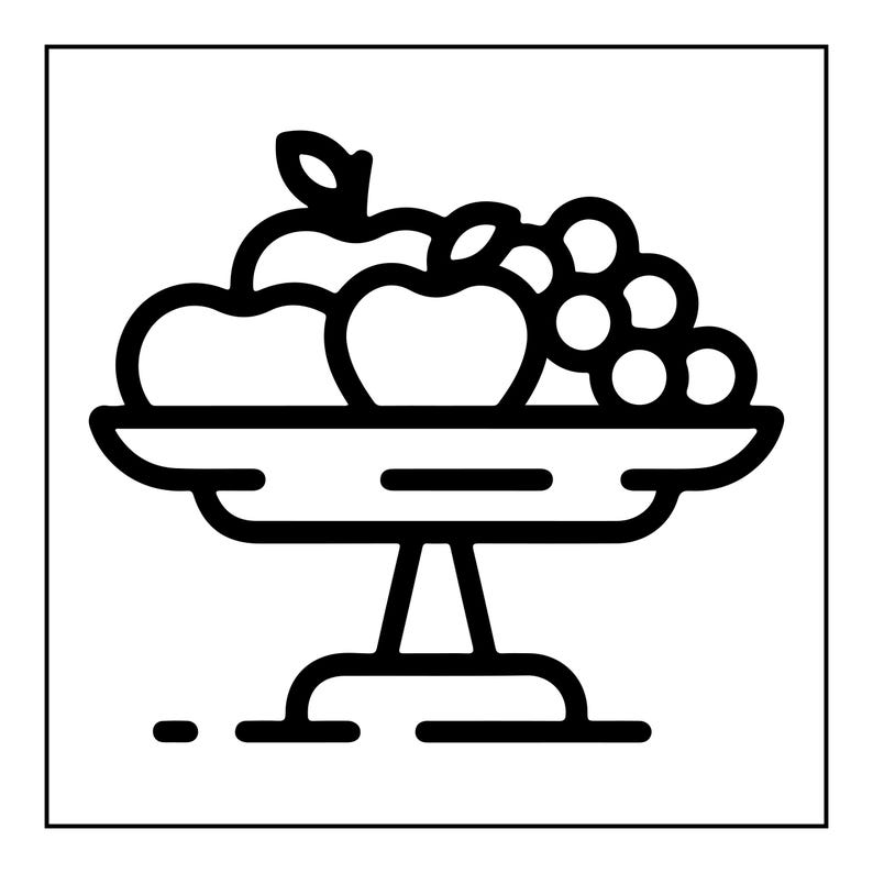 May include: A black and white line art icon depicting a fruit bowl on a pedestal. The bowl contains two apples with stems and a cluster of grapes. The design uses bold, clean lines to represent the fruit and the stand against a plain background.