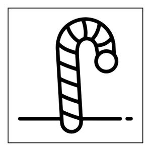 Pu&ograve; includere: Un'illustrazione in bianco e nero a linee di un bastoncino di zucchero. Il bastoncino presenta una classica parte superiore curva con un'estremit&agrave; circolare e strisce diagonali lungo il corpo. &Egrave; posizionato verticalmente sopra una linea orizzontale.