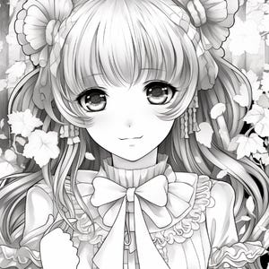 May include: A black and white line art illustration of a character with long hair styled in two high buns, featuring large expressive eyes, a ruffled collar with a prominent bow, and layered sleeves, set against a backdrop of detailed forest foliage.
