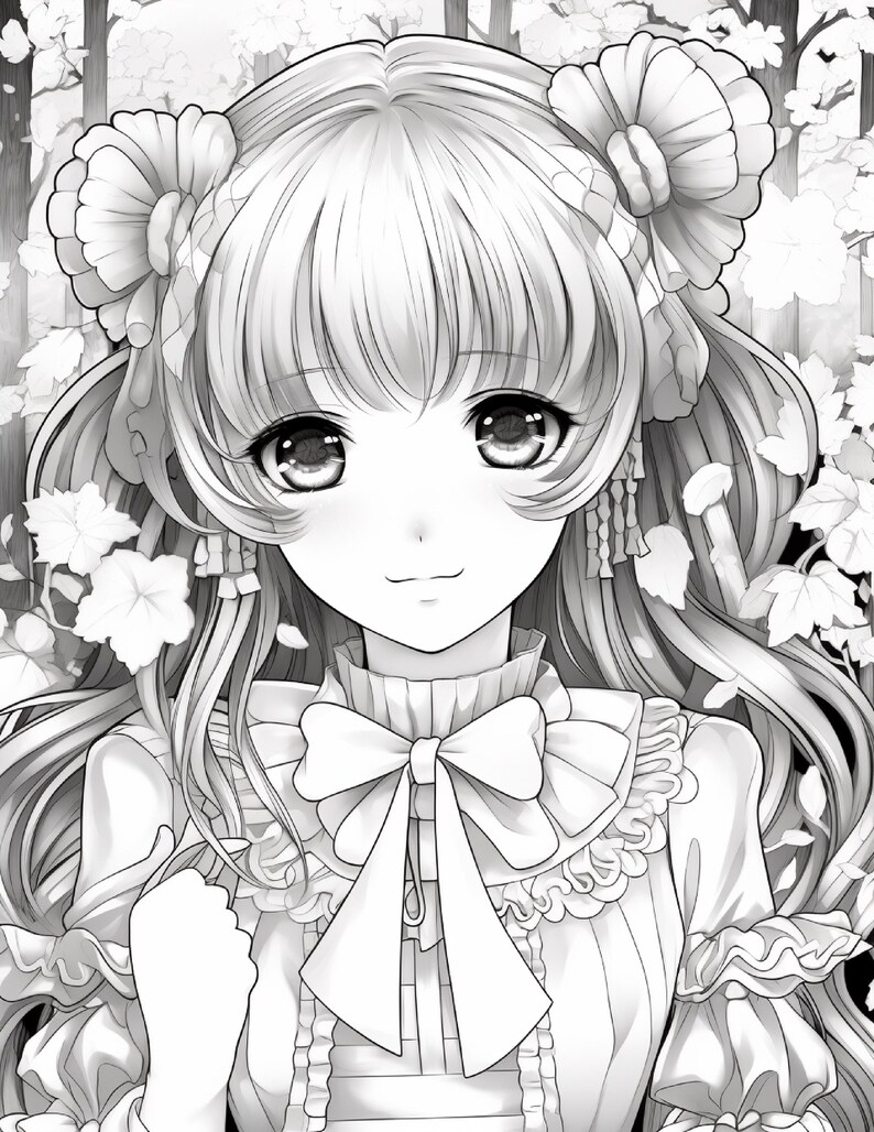 May include: A black and white line art illustration of a character with long hair styled in two high buns, featuring large expressive eyes, a ruffled collar with a prominent bow, and layered sleeves, set against a backdrop of detailed forest foliage.