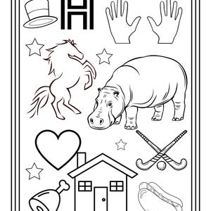 Puede incluir: Una p&aacute;gina para colorear en blanco y negro con la letra H, un sombrero de copa, dos manos, un caballo, un hipop&oacute;tamo, un coraz&oacute;n, dos palos de hockey cruzados con una pelota, una casa, un jam&oacute;n, un perrito caliente y estrellas, con el 15.