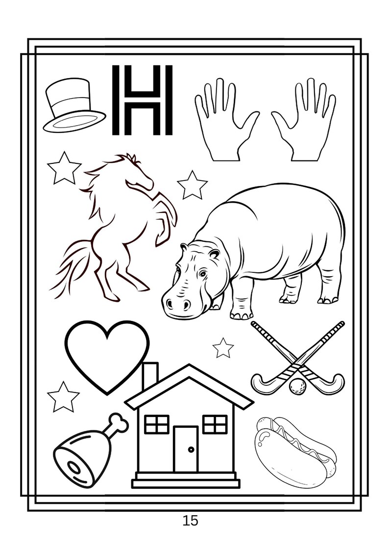 Puede incluir: Una p&aacute;gina para colorear en blanco y negro con la letra H, un sombrero de copa, dos manos, un caballo, un hipop&oacute;tamo, un coraz&oacute;n, dos palos de hockey cruzados con una pelota, una casa, un jam&oacute;n, un perrito caliente y estrellas, con el 15.
