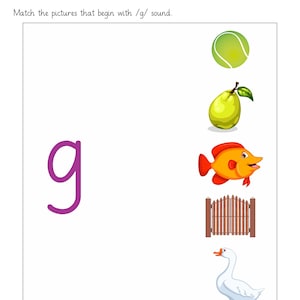 Peut inclure: Une fiche p&eacute;dagogique pr&eacute;sentant la lettre minuscule g en violet sur la gauche. &Agrave; droite, une colonne d'illustrations comprend une balle de tennis verte, une poire jaune, un poisson orange, une barri&egrave;re en bois marron et une oie blanche.