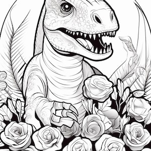 Pu&ograve; includere: Un'illustrazione in bianco e nero a tratto che raffigura un dinosauro con pelle testurizzata e denti affilati, posizionato tra un gruppo di rose in fiore e fogliame, il tutto racchiuso in una cornice circolare per un disegno da colorare.