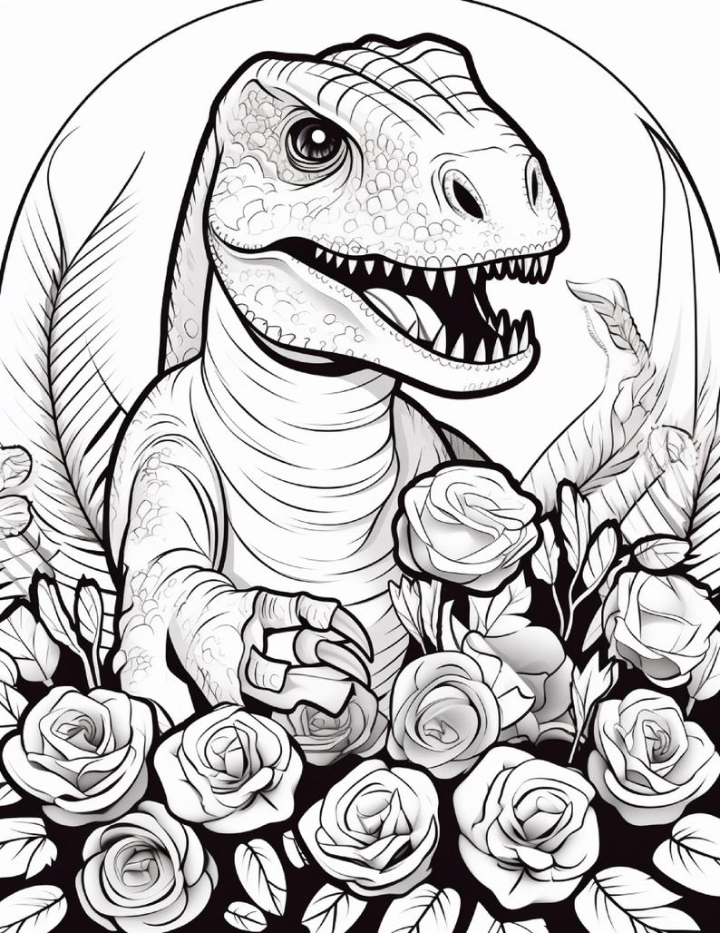 Pu&ograve; includere: Un'illustrazione in bianco e nero a tratto che raffigura un dinosauro con pelle testurizzata e denti affilati, posizionato tra un gruppo di rose in fiore e fogliame, il tutto racchiuso in una cornice circolare per un disegno da colorare.