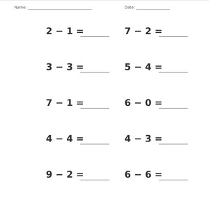 May include: A white educational worksheet titled Subtraction &bull; Single Digit with a gray header. It features ten single-digit subtraction problems arranged in two columns, with blank lines for a name, date, and answers. Page 13 of 100 is noted.