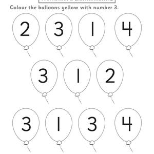 Puede incluir: Una hoja de trabajo educativa en blanco y negro titulada Worksheet 2 (Identification) con diez contornos de globos. Cada globo contiene un n&uacute;mero de un solo d&iacute;gito, ya sea 1, 2, 3 o 4. El texto indica colorear los globos amarillos con el n&uacute;mero 3.