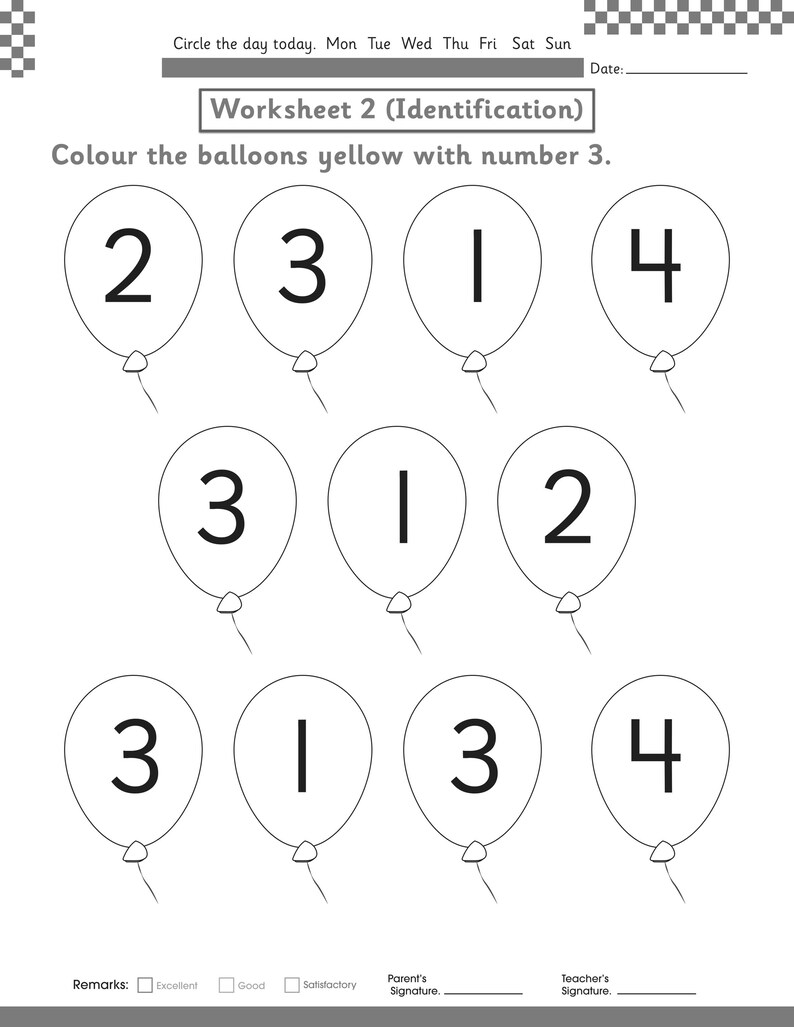 Puede incluir: Una hoja de trabajo educativa en blanco y negro titulada Worksheet 2 (Identification) con diez contornos de globos. Cada globo contiene un n&uacute;mero de un solo d&iacute;gito, ya sea 1, 2, 3 o 4. El texto indica colorear los globos amarillos con el n&uacute;mero 3.