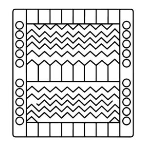 May include: A square backgammon board featuring a black and white line drawing. The board displays two main playing areas filled with horizontal zigzag patterns, bordered by vertical columns of five circles on each side and rectangular slots.