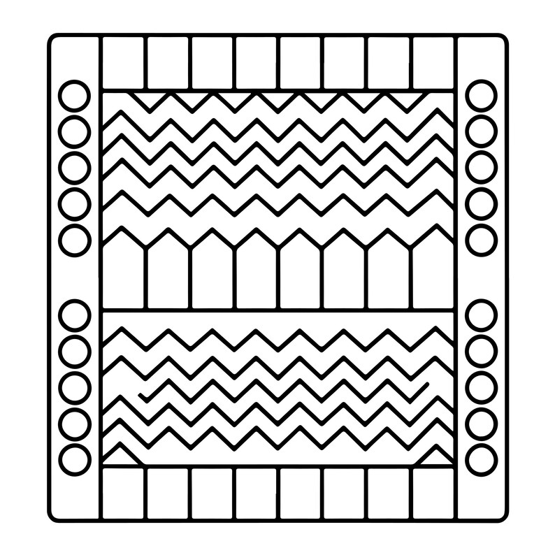 May include: A square backgammon board featuring a black and white line drawing. The board displays two main playing areas filled with horizontal zigzag patterns, bordered by vertical columns of five circles on each side and rectangular slots.