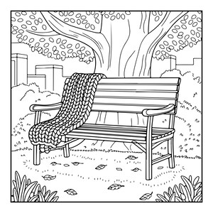 May include: A black and white line art illustration of a wooden park bench positioned under a large tree. A thick, chunky knit blanket with a prominent cable texture is draped over the left side of the bench, resting on the seat and backrest.