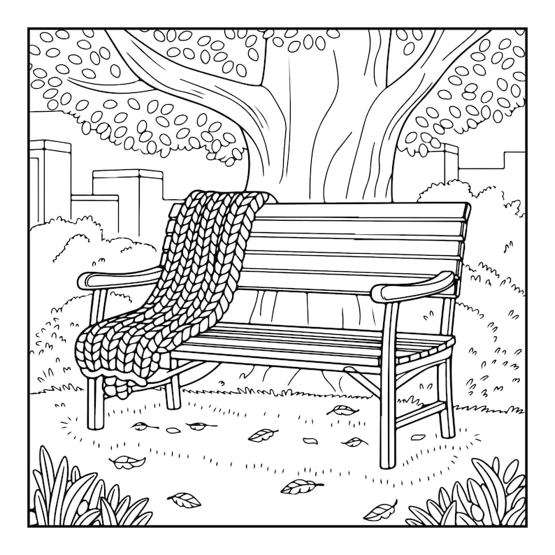 May include: A black and white line art illustration of a wooden park bench positioned under a large tree. A thick, chunky knit blanket with a prominent cable texture is draped over the left side of the bench, resting on the seat and backrest.
