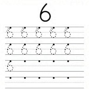 Peut inclure: Une feuille de travail &eacute;ducative blanche intitul&eacute;e Name et Number Tracing The Number 6. La page pr&eacute;sente un grand chiffre 6 noir en haut, suivi de trois lignes de chiffres 6 en pointill&eacute;s avec des fl&egrave;ches directionnelles pour l'&eacute;criture.