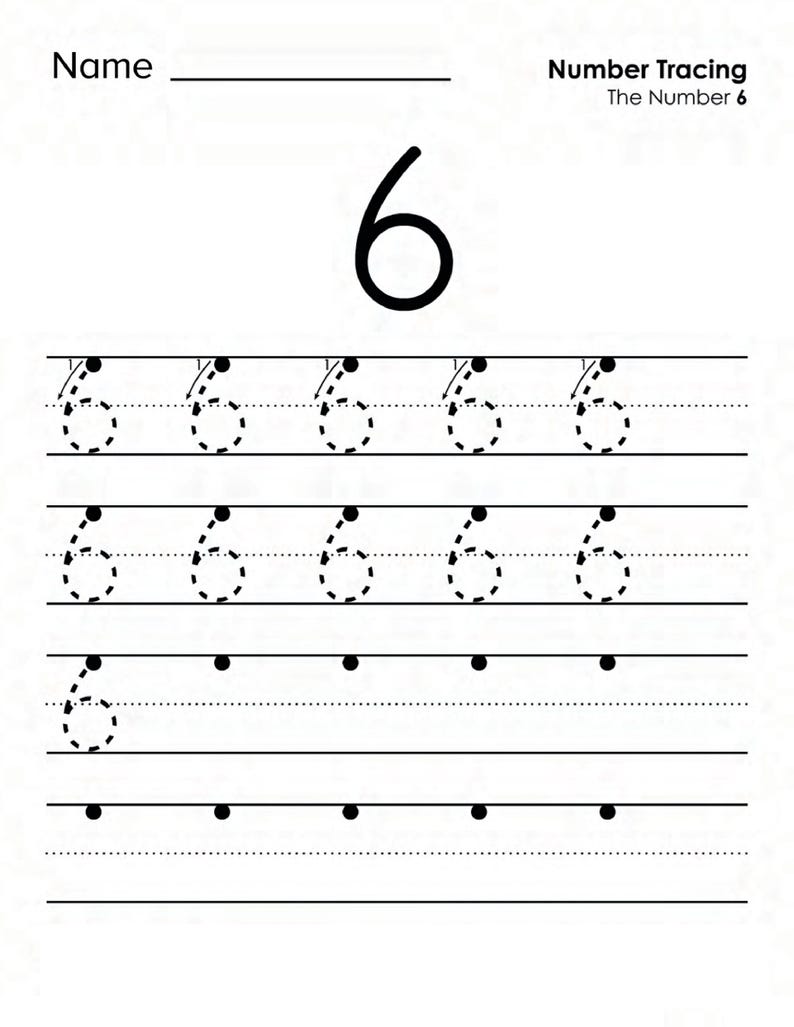 Peut inclure: Une feuille de travail &eacute;ducative blanche intitul&eacute;e Name et Number Tracing The Number 6. La page pr&eacute;sente un grand chiffre 6 noir en haut, suivi de trois lignes de chiffres 6 en pointill&eacute;s avec des fl&egrave;ches directionnelles pour l'&eacute;criture.