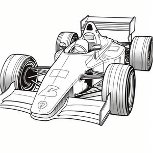 A black and white line drawing of a vintage race car marked with the number five on the nose.