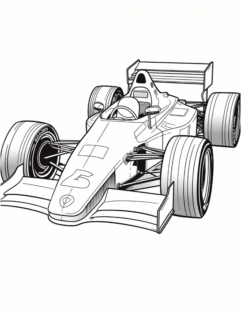 A black and white line drawing of a vintage race car marked with the number five on the nose.