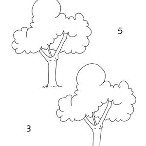 Pu&ograve; includere: Un foglio di esercizi educativo in bianco e nero con due illustrazioni di alberi a linee. Il testo in alto recita: "Draw the suggested amount of oranges in the following trees." Il numero 5 &egrave; posto accanto all'albero in alto e il numero 3 accanto a quello in basso.