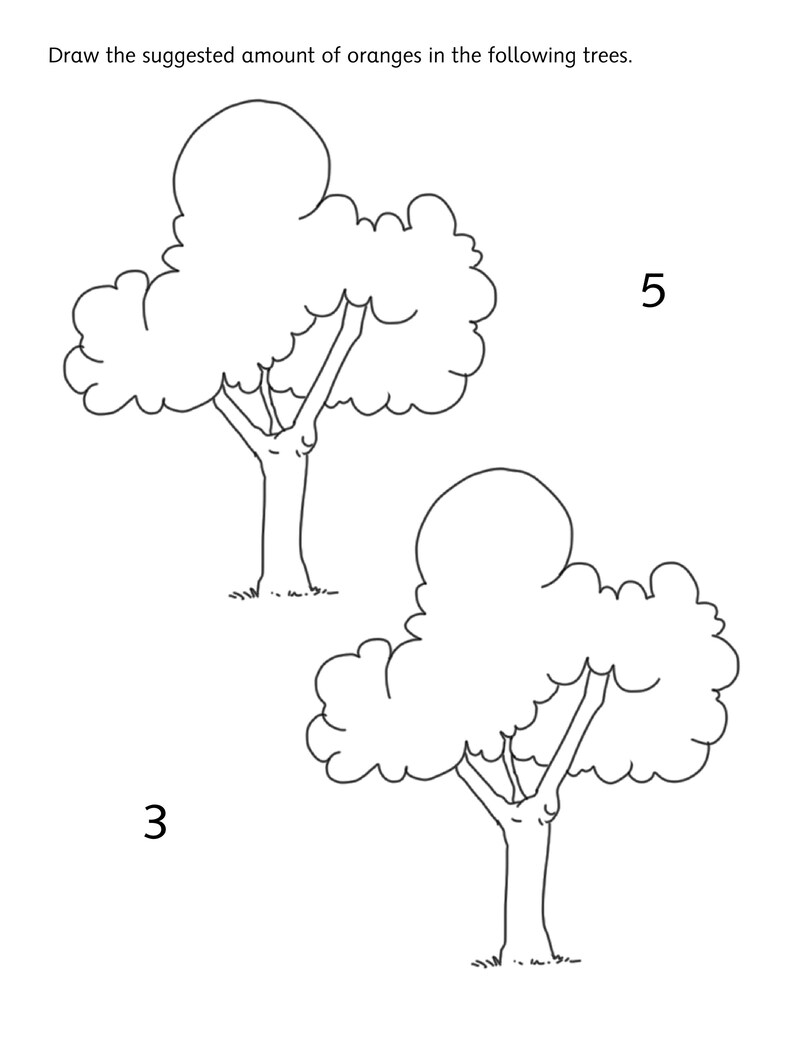 Pu&ograve; includere: Un foglio di esercizi educativo in bianco e nero con due illustrazioni di alberi a linee. Il testo in alto recita: "Draw the suggested amount of oranges in the following trees." Il numero 5 &egrave; posto accanto all'albero in alto e il numero 3 accanto a quello in basso.