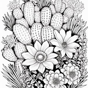 Pode incluir: Uma ilustra&ccedil;&atilde;o de arte linear em preto e branco apresentando um grupo denso de v&aacute;rios cactos e suculentas intercalados com grandes flores detalhadas e folhagens, renderizados com sombreamentos complexos e contornos claros.