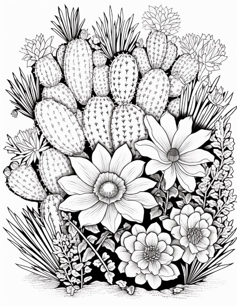 Pode incluir: Uma ilustra&ccedil;&atilde;o de arte linear em preto e branco apresentando um grupo denso de v&aacute;rios cactos e suculentas intercalados com grandes flores detalhadas e folhagens, renderizados com sombreamentos complexos e contornos claros.
