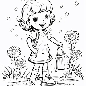以下が含まれることがあります： 短いウェーブのかかった髪の子供が、ドレス、バックパック、ブーツを身につけている白黒の線画イラスト。子供は水たまりの中に立ち、小さなバケツを持ち、庭のような環境で花と浮かぶ泡に囲まれている。