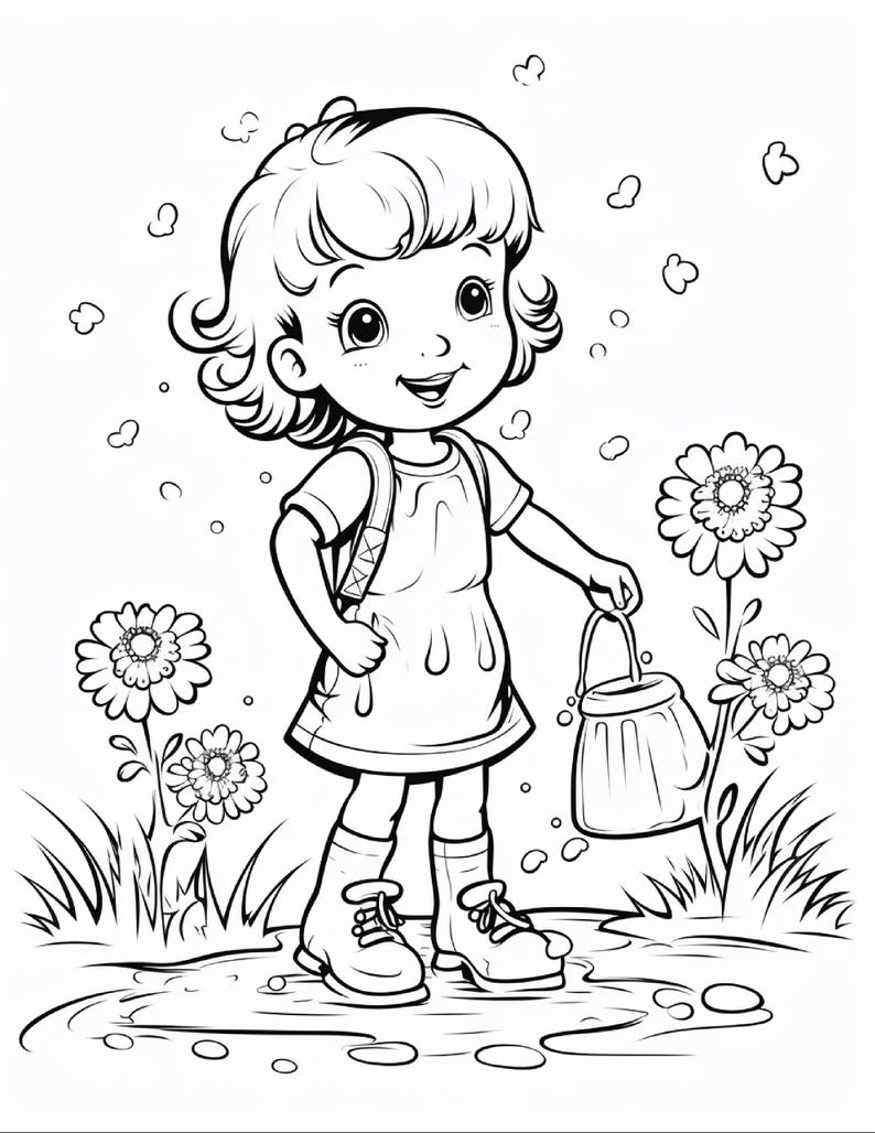 以下が含まれることがあります： 短いウェーブのかかった髪の子供が、ドレス、バックパック、ブーツを身につけている白黒の線画イラスト。子供は水たまりの中に立ち、小さなバケツを持ち、庭のような環境で花と浮かぶ泡に囲まれている。