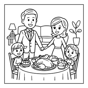 Op de afbeelding: Een zwart-wit lijntekening van een gezin van vier personen aan een ronde eettafel. Een grote gebraden kalkoen ligt op een centrale schaal, omringd door schaaltjes met eten. De ouders staan achter de zittende kinderen in een kamer.