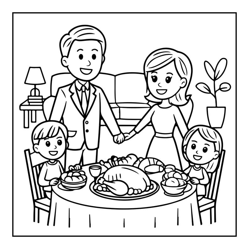 Op de afbeelding: Een zwart-wit lijntekening van een gezin van vier personen aan een ronde eettafel. Een grote gebraden kalkoen ligt op een centrale schaal, omringd door schaaltjes met eten. De ouders staan achter de zittende kinderen in een kamer.