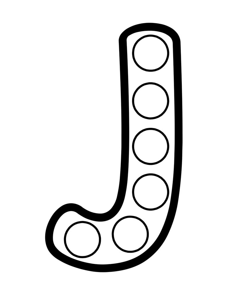 Black and white outline of the uppercase letter J filled with circular dot marker spaces.
