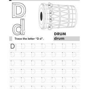 An alphabet tracing worksheet showing an illustration of a drum with uppercase and lowercase letter D characters.