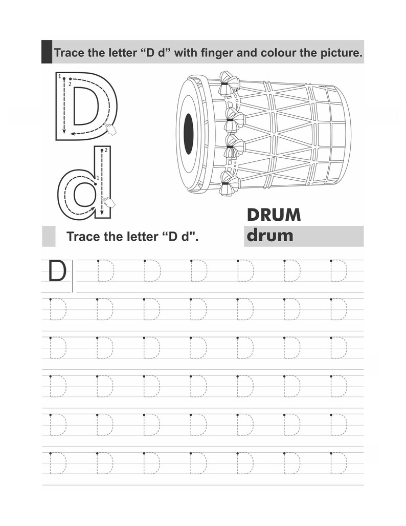 An alphabet tracing worksheet showing an illustration of a drum with uppercase and lowercase letter D characters.