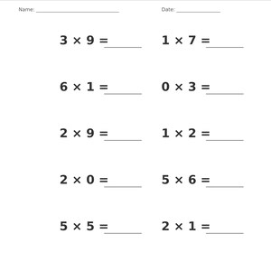 May include: A white educational worksheet titled Multiplication &bull; Single Digit with a grey header. It features ten maths problems including 3x9, 1x7, 6x1, 0x3, 2x9, 1x2, 2x0, 5x6, 5x5, and 2x1, with blank lines for answers. Includes Name and Date fields.