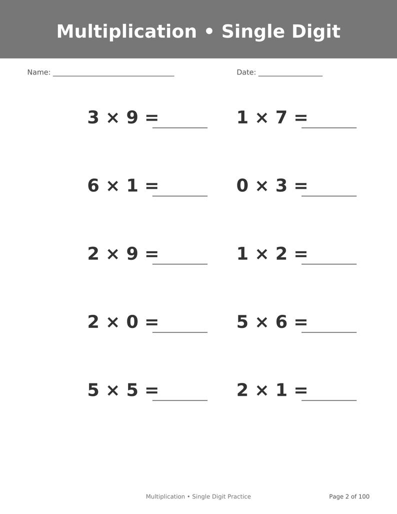May include: A white educational worksheet titled Multiplication &bull; Single Digit with a grey header. It features ten maths problems including 3x9, 1x7, 6x1, 0x3, 2x9, 1x2, 2x0, 5x6, 5x5, and 2x1, with blank lines for answers. Includes Name and Date fields.