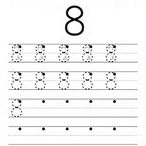 Peut inclure: Une feuille d'exercices de tra&ccedil;age de chiffres en noir et blanc intitul&eacute;e Name et Number Tracing The Number 8. La page pr&eacute;sente un grand chiffre 8 en haut, suivi de trois lignes de chiffres 8 en pointill&eacute;s avec des fl&egrave;ches et deux lignes de points.