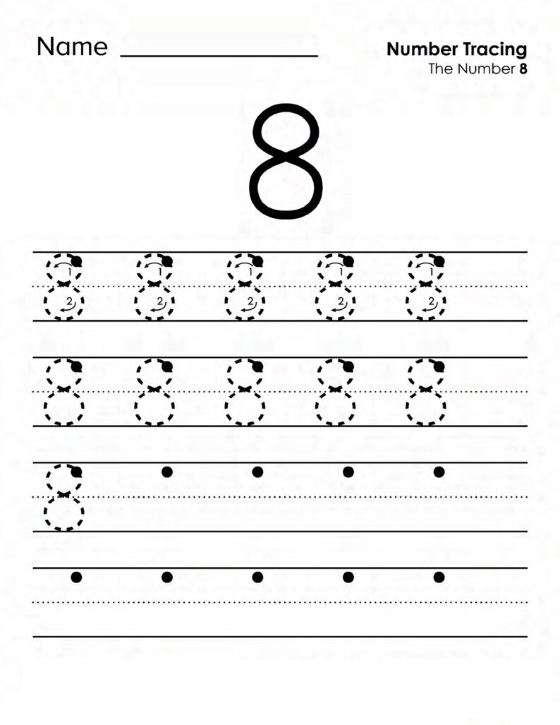 Peut inclure: Une feuille d'exercices de tra&ccedil;age de chiffres en noir et blanc intitul&eacute;e Name et Number Tracing The Number 8. La page pr&eacute;sente un grand chiffre 8 en haut, suivi de trois lignes de chiffres 8 en pointill&eacute;s avec des fl&egrave;ches et deux lignes de points.