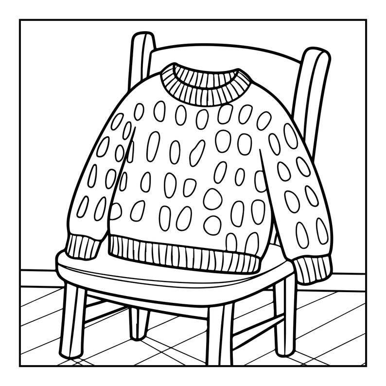 May include: A black and white line art illustration of a long-sleeved jumper featuring a repeating pattern of oval shapes. The jumper has a ribbed collar, cuffs, and hem, and it is draped over the back of a wooden chair with four legs.