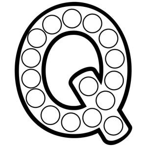 Black and white outline of the uppercase letter Q filled with circular dot marker spaces.