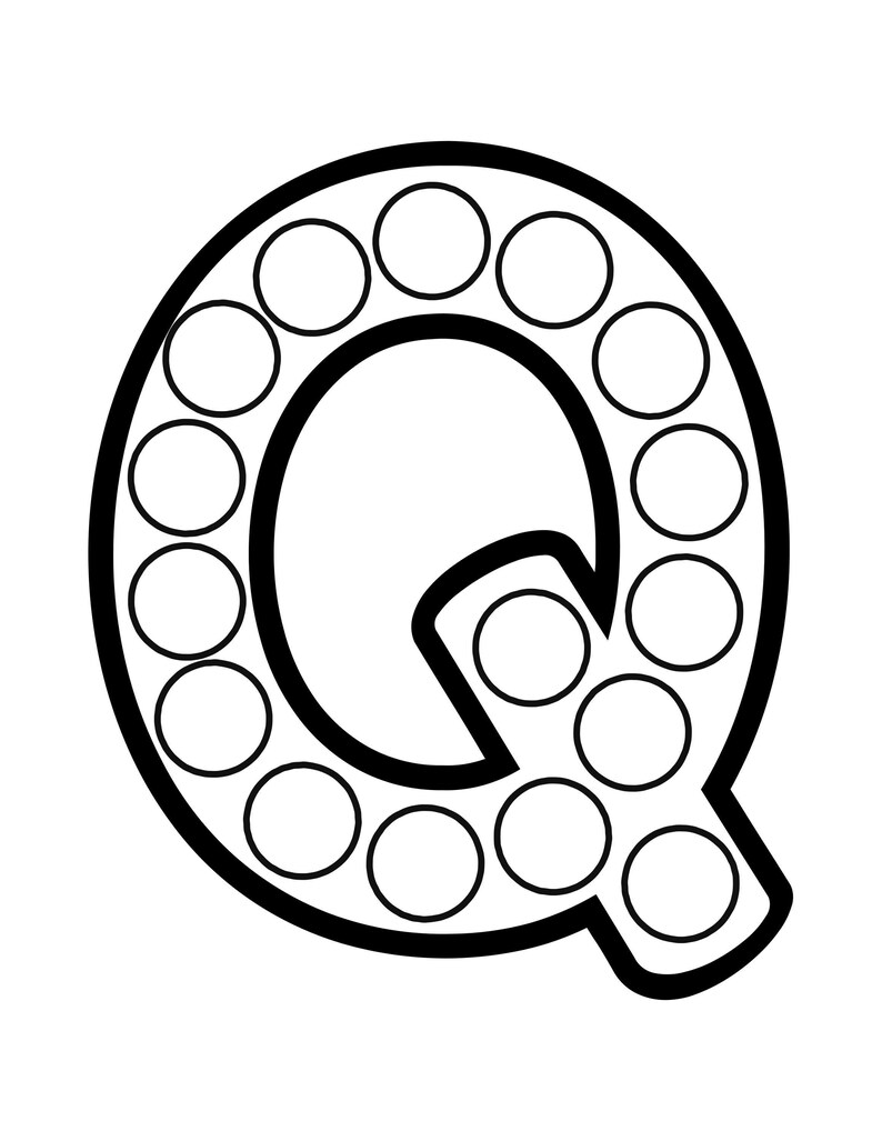 Black and white outline of the uppercase letter Q filled with circular dot marker spaces.