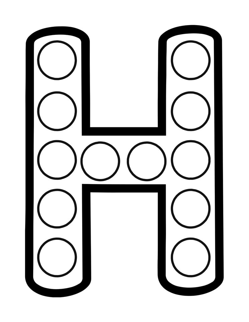 A black and white outline of the uppercase letter H with blank circles filling both vertical pillars and the crossbar.