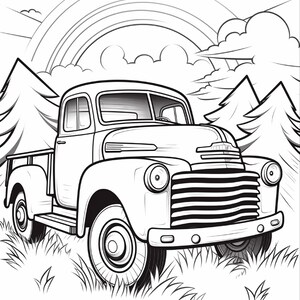 May include: A black and white line art colouring page illustration featuring a vintage pickup truck parked in a grassy field. The scene includes stylised pine trees on both sides, fluffy clouds, and a large rainbow arching in the background sky.
