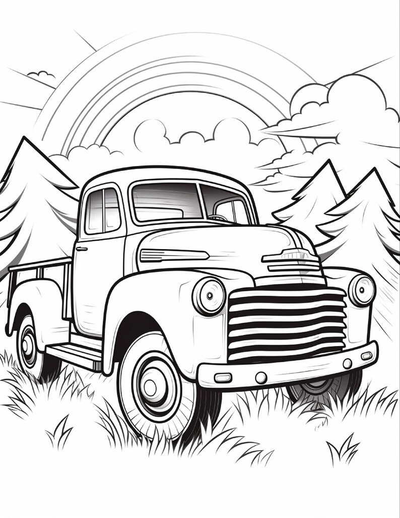 May include: A black and white line art colouring page illustration featuring a vintage pickup truck parked in a grassy field. The scene includes stylised pine trees on both sides, fluffy clouds, and a large rainbow arching in the background sky.