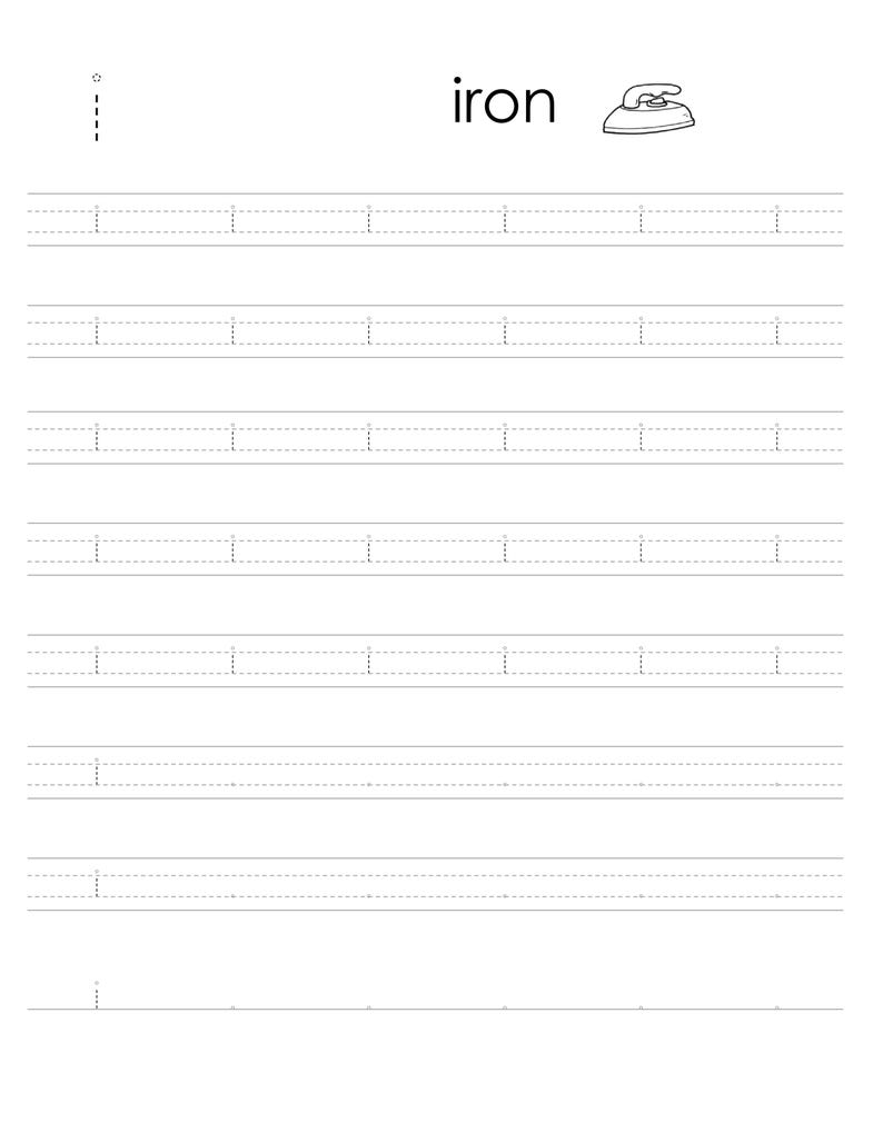 May include: A black and white educational worksheet for handwriting practice featuring the word iron, a small line drawing of an iron, and multiple rows of dashed lowercase letter i characters for tracing on standard lined paper.