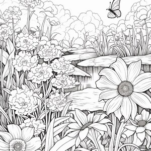 以下が含まれることがあります： 様々な花が咲き乱れる庭園の風景を描いた、白黒の塗り絵用イラスト。背の高い草や葉が生い茂る中、右上隅には小さな小川の上を飛ぶ一匹の蝶が描かれています。