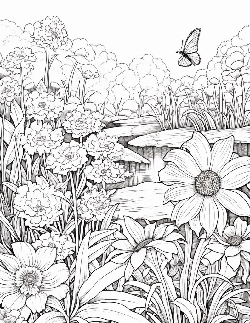 以下が含まれることがあります： 様々な花が咲き乱れる庭園の風景を描いた、白黒の塗り絵用イラスト。背の高い草や葉が生い茂る中、右上隅には小さな小川の上を飛ぶ一匹の蝶が描かれています。