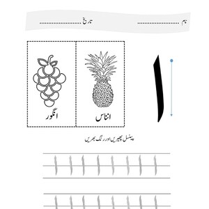 An Urdu worksheet page showing the letter Alif with directional arrows, accompanied by illustrations of grapes and a pineapple.