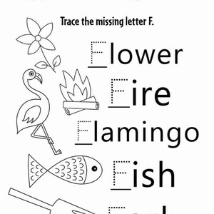 Op de afbeelding: Een zwart-wit educatief werkblad getiteld Trace the missing letter F. Het bevat lijntekeningen van een bloem, vuur, flamingo, vis en vork, elk gekoppeld aan het bijbehorende woord met de letter F om over te trekken.