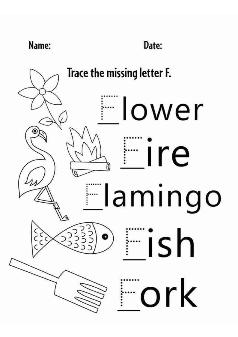 Op de afbeelding: Een zwart-wit educatief werkblad getiteld Trace the missing letter F. Het bevat lijntekeningen van een bloem, vuur, flamingo, vis en vork, elk gekoppeld aan het bijbehorende woord met de letter F om over te trekken.