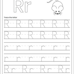 May include: A black and white educational worksheet titled Letter Tracing featuring the letter Rr in uppercase and lowercase. It includes a line drawing of a mouse to color and multiple rows of dotted lines for tracing the letter R and r.